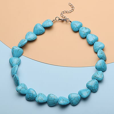 Freshened Blue Howlite Heart Beaded Necklace 18 Inches in Silvertone 410.00 ctw