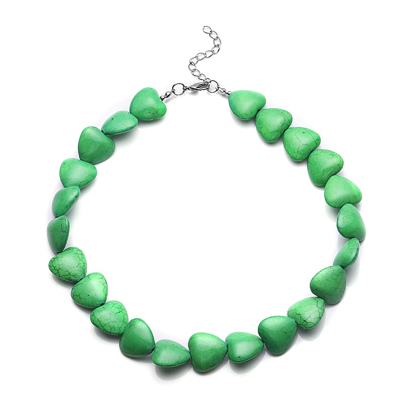 Constituted Green Howlite Heart Beaded Necklace 18 Inches in Silvertone 424.50 ctw