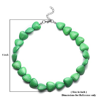 Constituted Green Howlite Heart Beaded Necklace 18 Inches in Silvertone 424.50 ctw