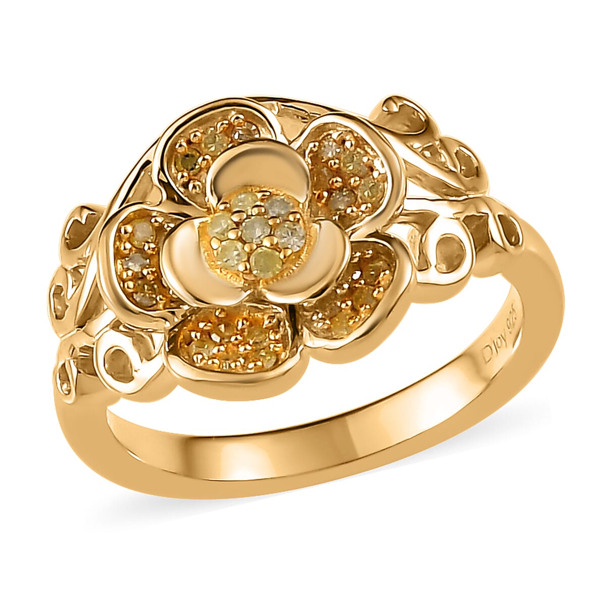 Natural Yellow Diamond I3 Floral Ring in Vermeil Yellow Gold Over Sterling Silver (Size 10.0) 0.20 ctw