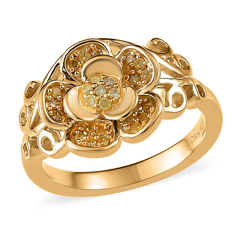 Natural Yellow Diamond I3 Floral Ring in Vermeil Yellow Gold Over Sterling Silver (Size 10.0) 0.20 ctw