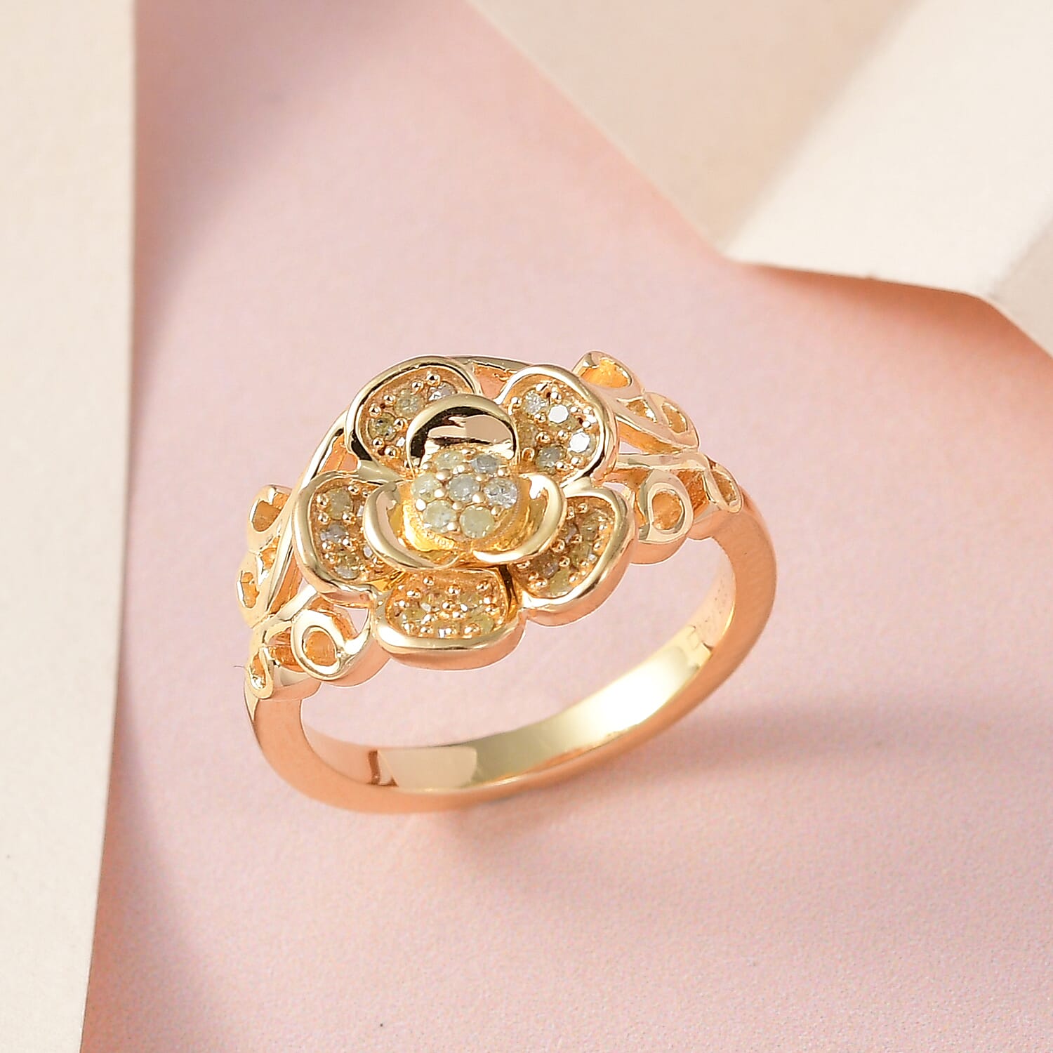 Natural Yellow Diamond I3 Floral Ring in Vermeil Yellow Gold Over Sterling Silver (Size 10.0) 0.20 ctw
