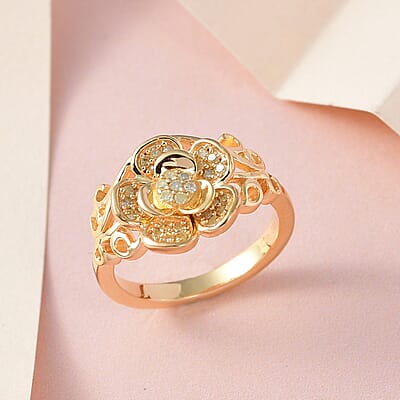 Natural Yellow Diamond I3 Floral Ring in Vermeil Yellow Gold Over Sterling Silver (Size 10.0) 0.20 ctw