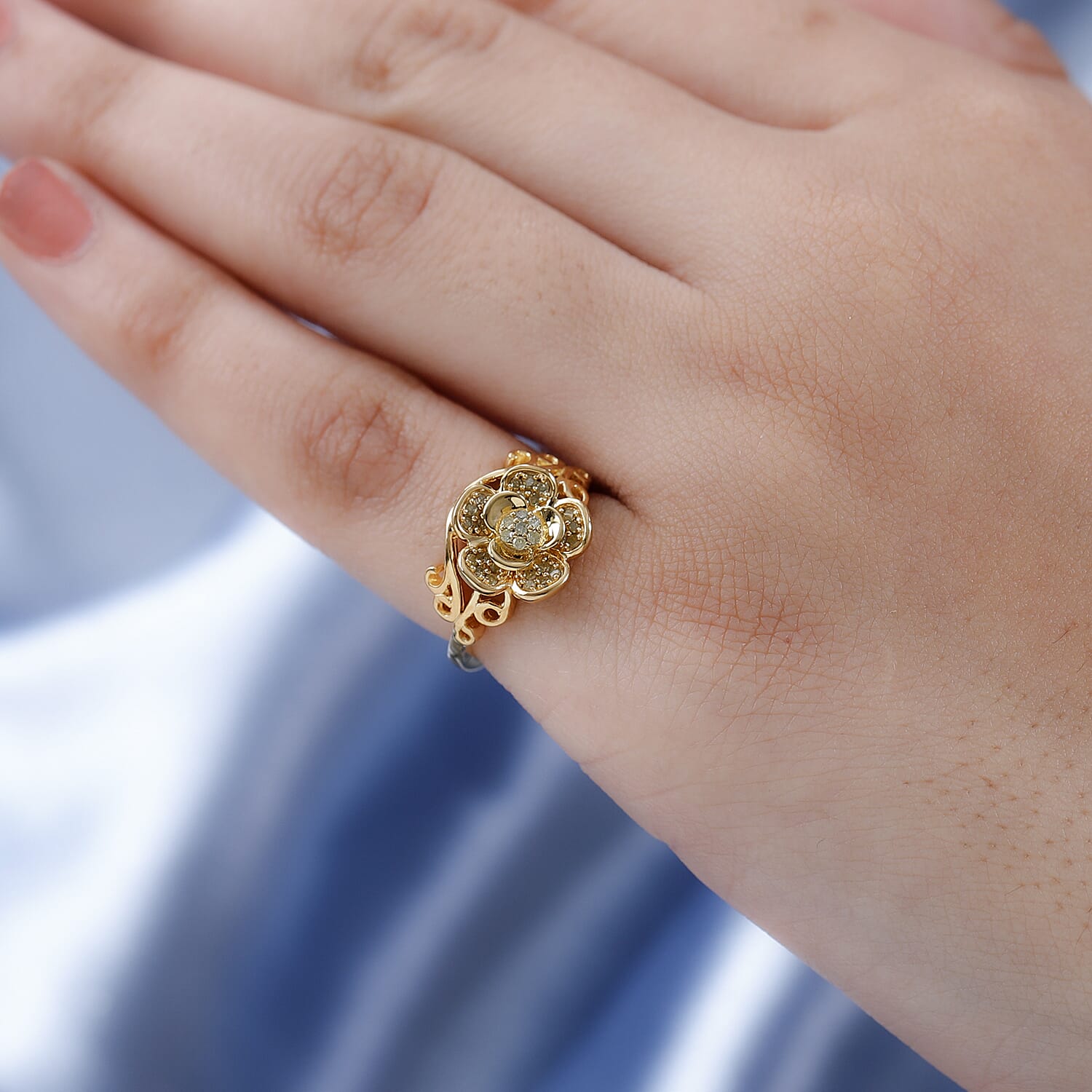 Natural Yellow Diamond I3 Floral Ring in Vermeil Yellow Gold Over Sterling Silver (Size 10.0) 0.20 ctw