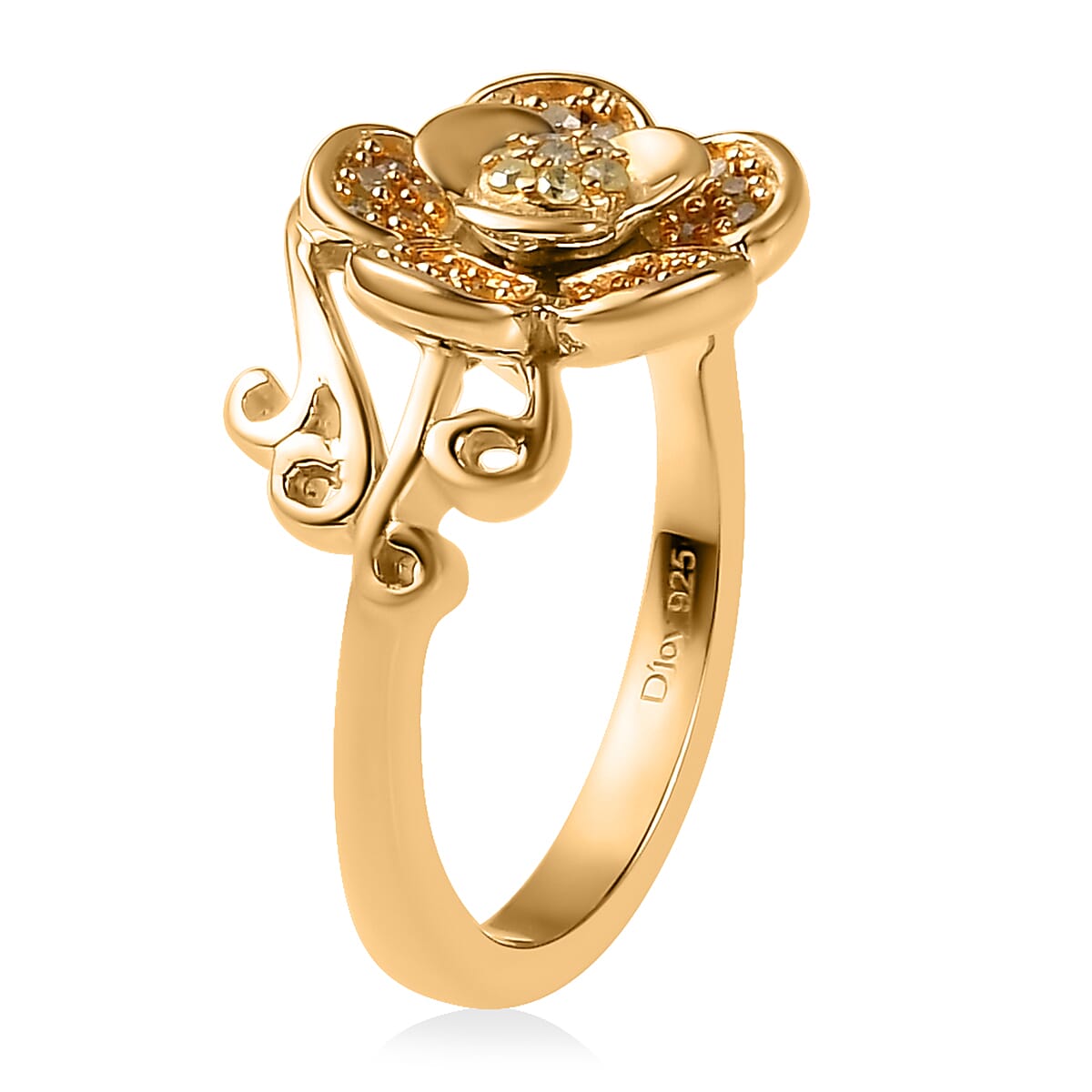 Natural Yellow Diamond I3 Floral Ring in Vermeil Yellow Gold Over Sterling Silver (Size 10.0) 0.20 ctw