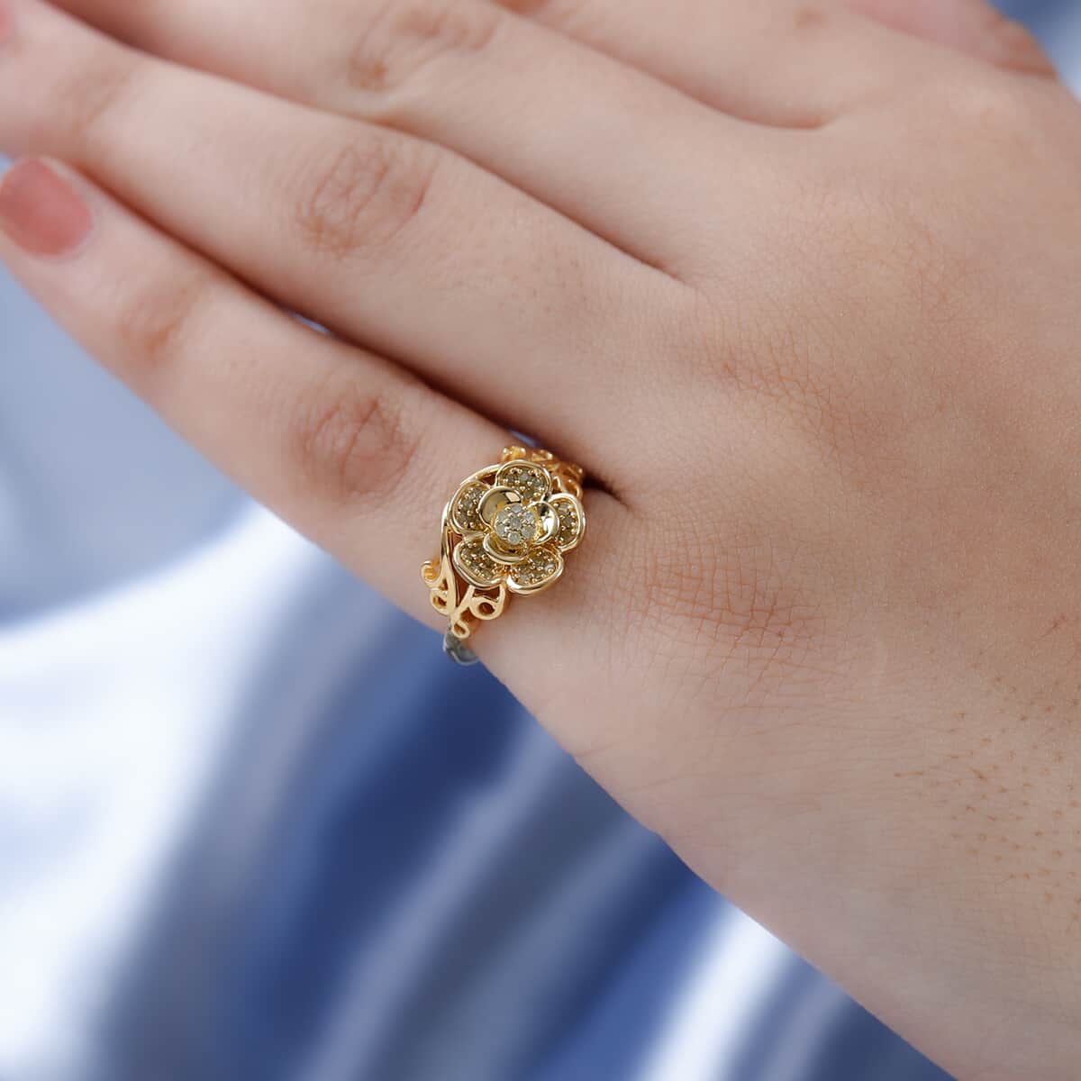 Natural Yellow Diamond I3 Floral Ring in Vermeil Yellow Gold Over Sterling Silver (Size 7.0) 0.20 ctw image number 2