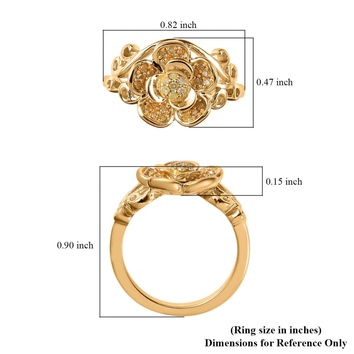 Natural Yellow Diamond I3 Floral Ring in Vermeil Yellow Gold Over Sterling Silver (Size 7.0) 0.20 ctw image number 5