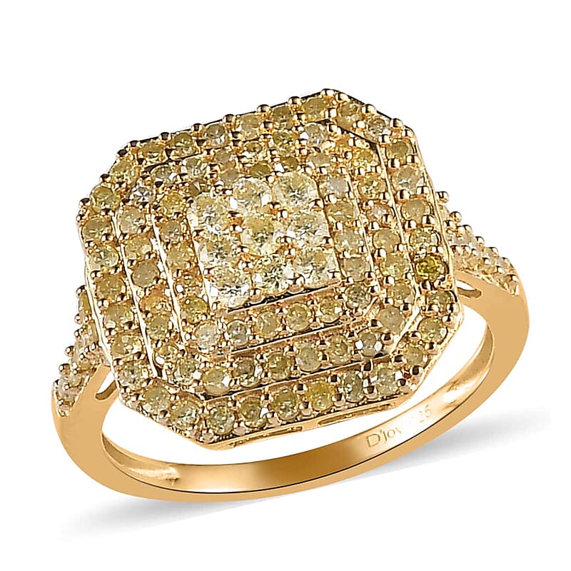 Natural Yellow Diamond I3 Cluster Ring in Vermeil Yellow Gold Over Sterling Silver (Size 10.0) 1.00 ctw