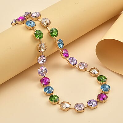 Multi Color Glass Tennis Necklace 20-22 Inches in Goldtone