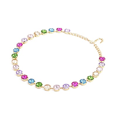 Multi Color Glass Tennis Necklace 20-22 Inches in Goldtone