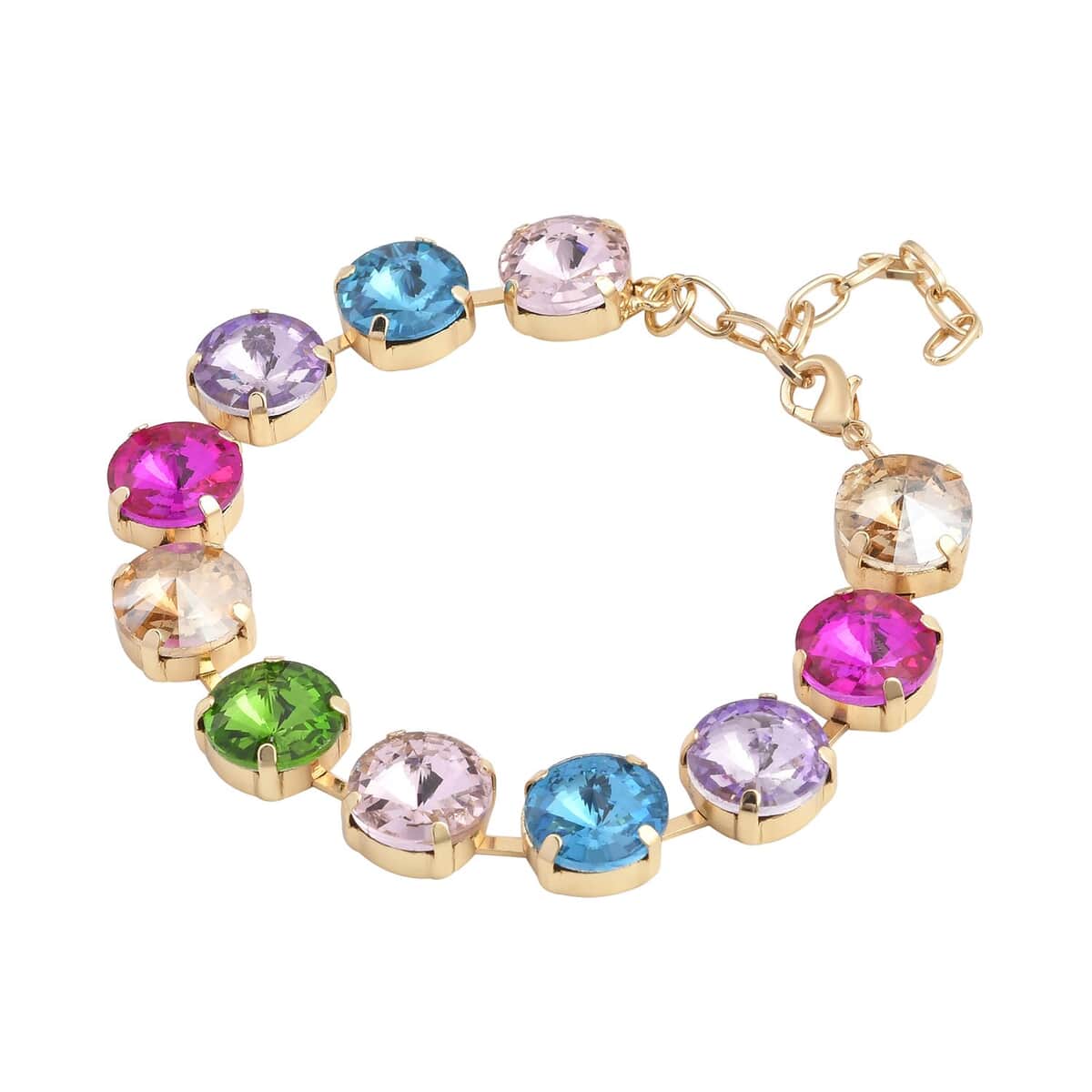 Multi Color Glass Tennis Bracelet in Goldtone (7.50-9.50In) image number 2