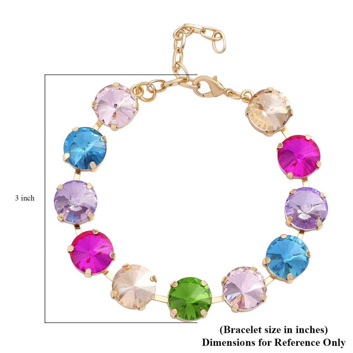 Multi Color Glass Tennis Bracelet in Goldtone (7.50-9.50In) image number 3