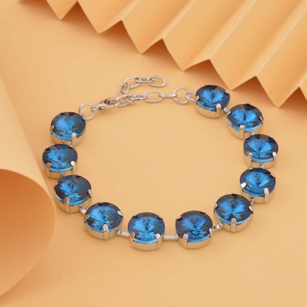 Blue Glass Tennis Bracelet in Silvertone (7.50-9.50In) image number 1