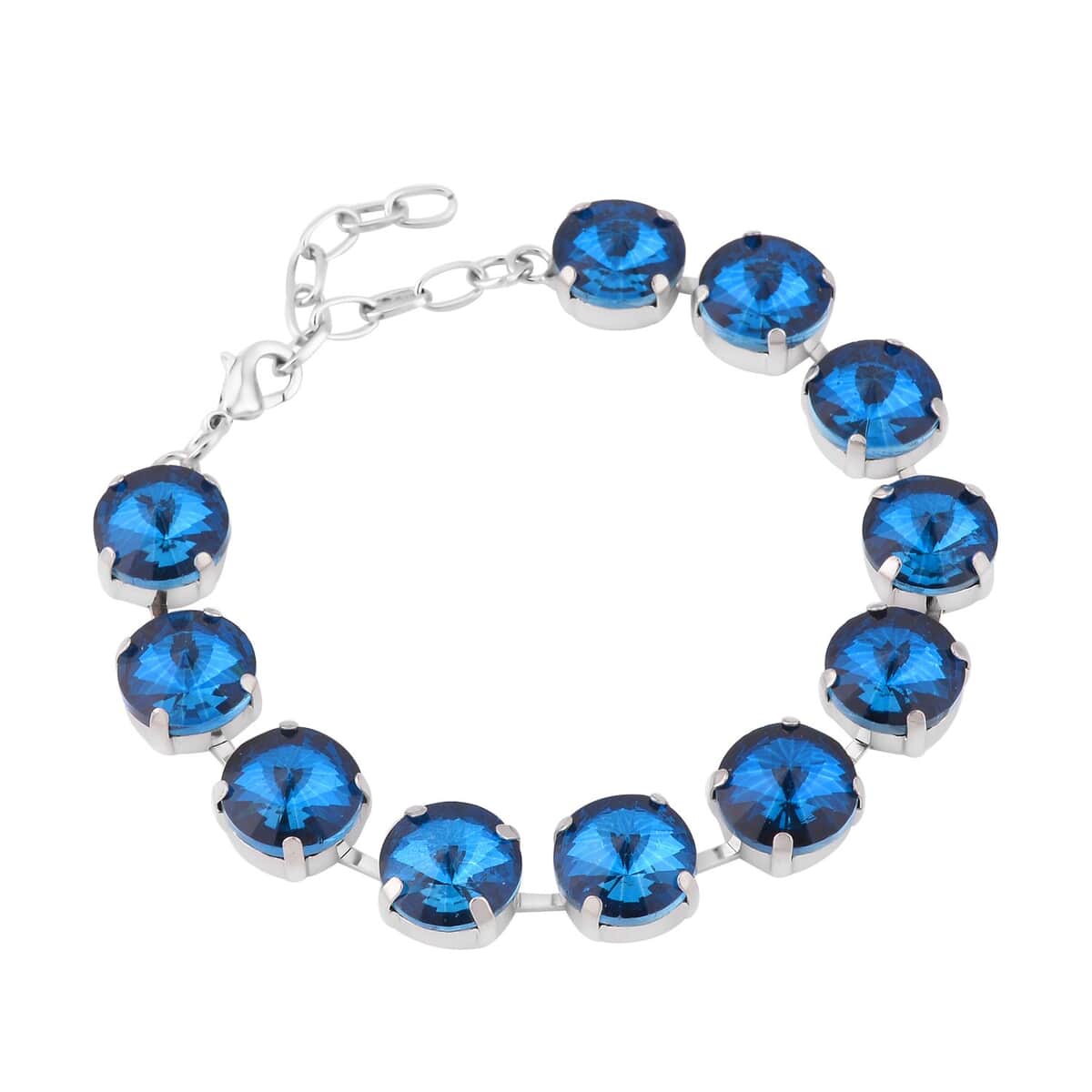 Blue Glass Tennis Bracelet in Silvertone (7.50-9.50In) image number 2