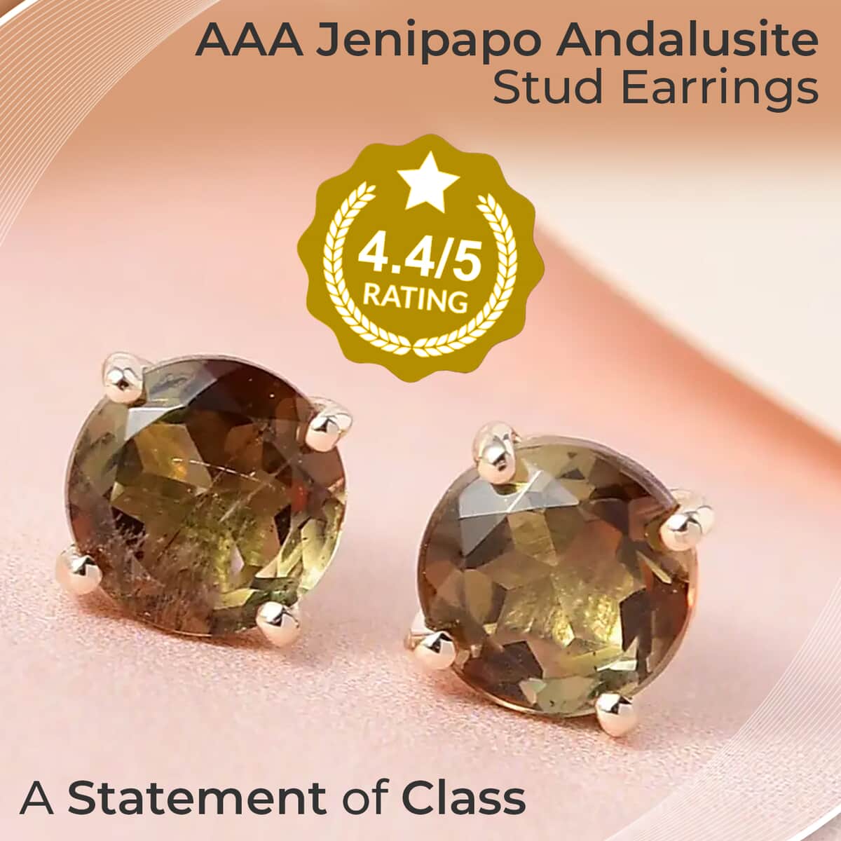 Luxoro AAA Jenipapo Andalusite Stud Earrings, 10K Yellow Gold Earrings, Andalusite Earrings, Gold Studs, Solitaire Studs 1.10 ctw image number 1