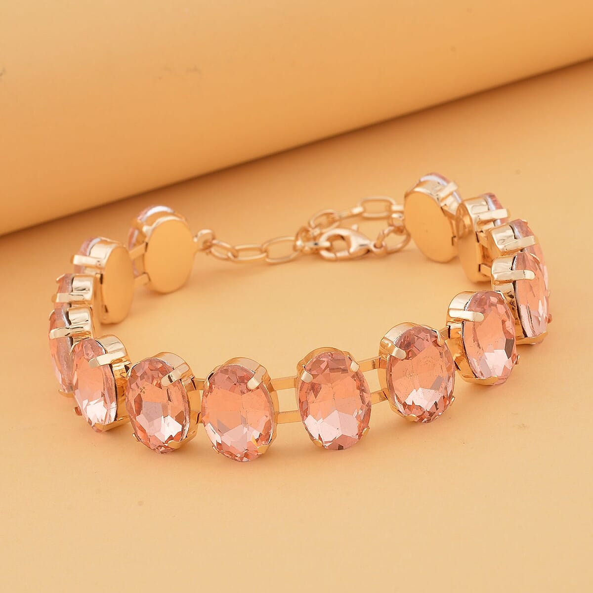 Peach Glass Tennis Bracelet in Goldtone (7.5-9.5In) image number 1