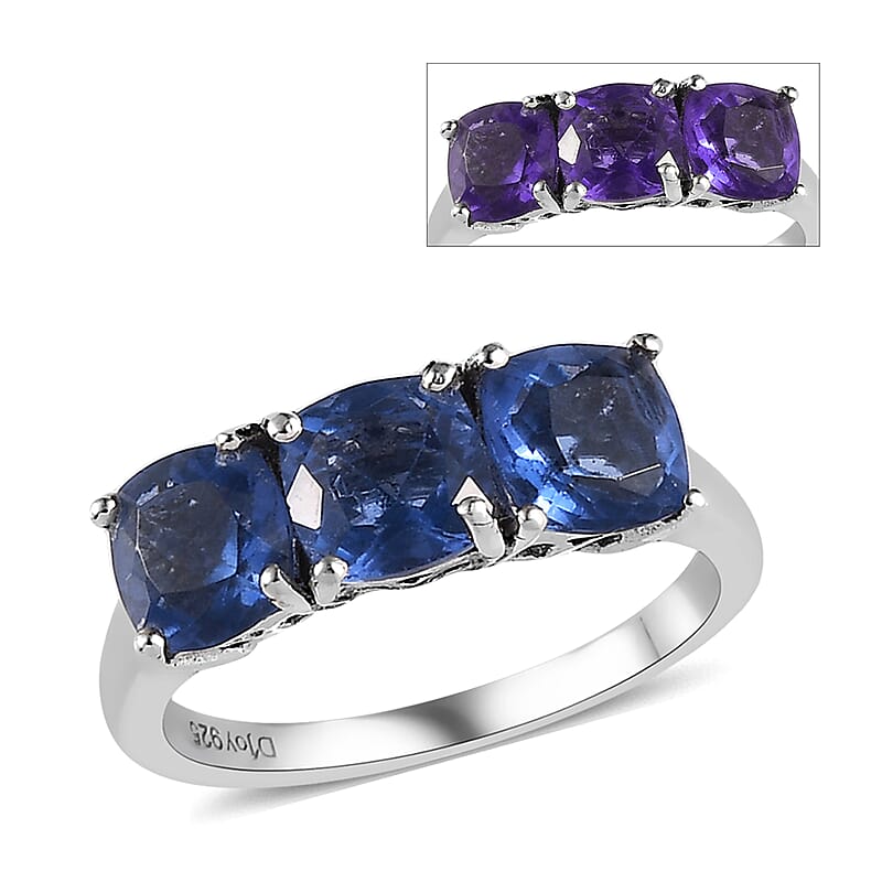 Color Change Fluorite 3 Stone Ring in Platinum Over Sterling Silver (Size 10.0) 3.35 ctw