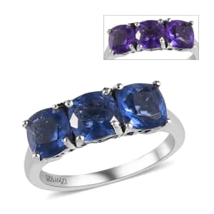 Color Change Fluorite 3 Stone Ring in Platinum Over Sterling Silver (Size 8.0) 3.35 ctw