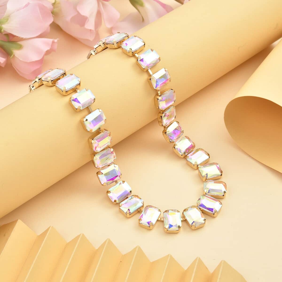 White Mystic Color Glass Tennis Necklace 20-22 Inches in Goldtone image number 1