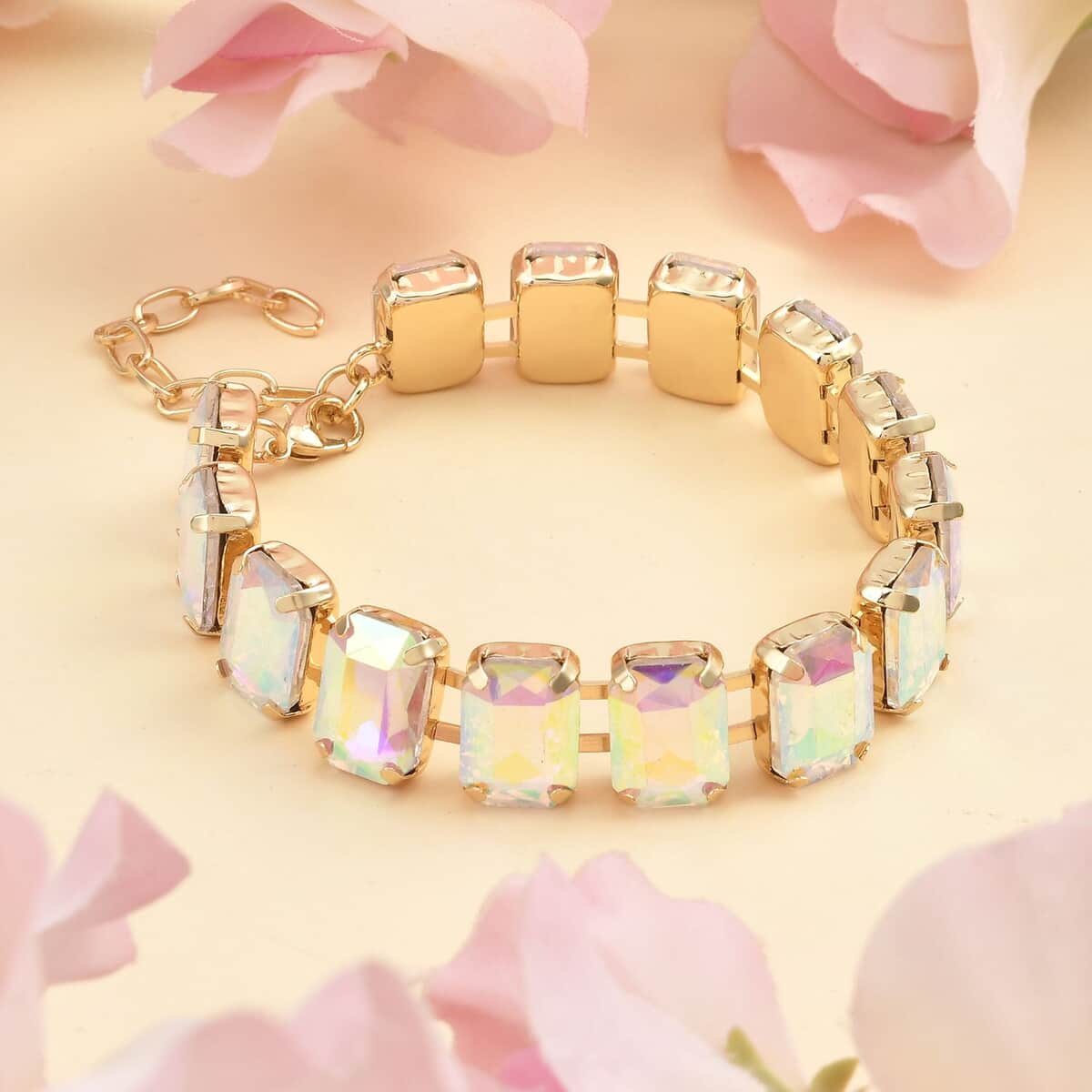 White Mystic Color Glass Tennis Bracelet in Goldtone (7.50-9.50In) image number 1