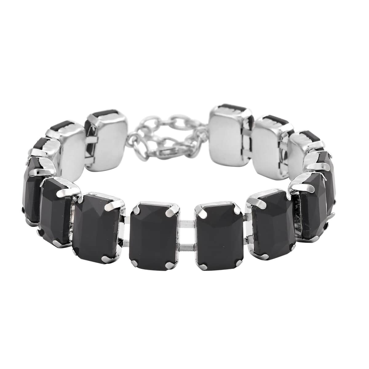 Black Glass Tennis Bracelet in Silvertone (7.50-9.50In) image number 0