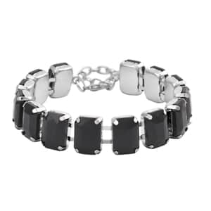 Black Glass Tennis Bracelet in Silvertone (7.50-9.50In)