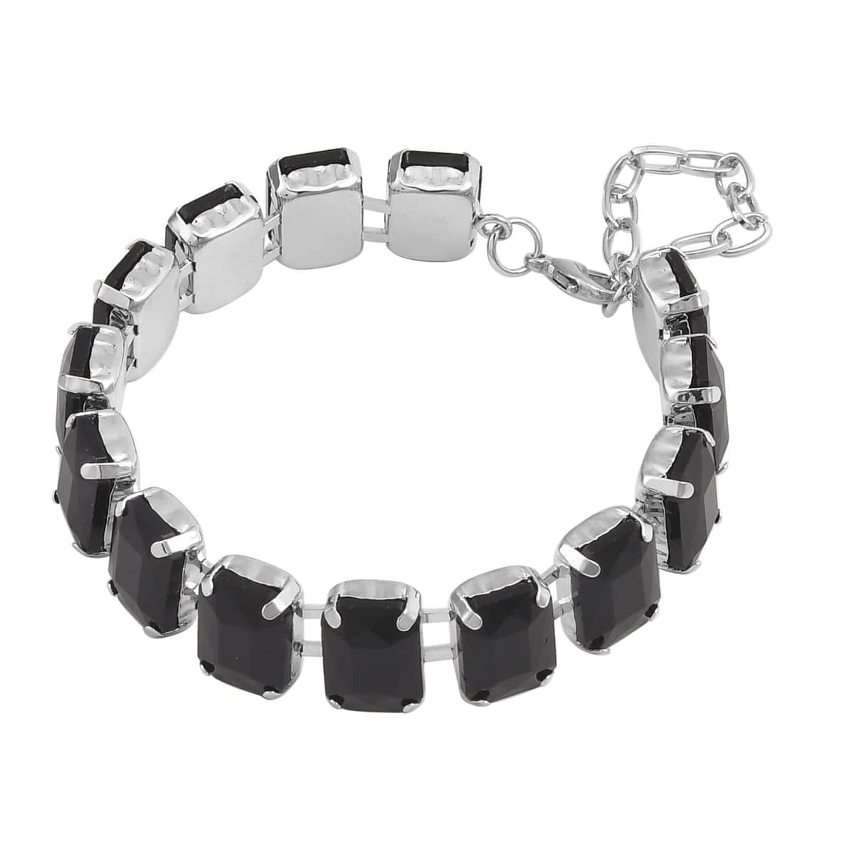 Black Glass Tennis Bracelet in Silvertone (7.50-9.50In) image number 2