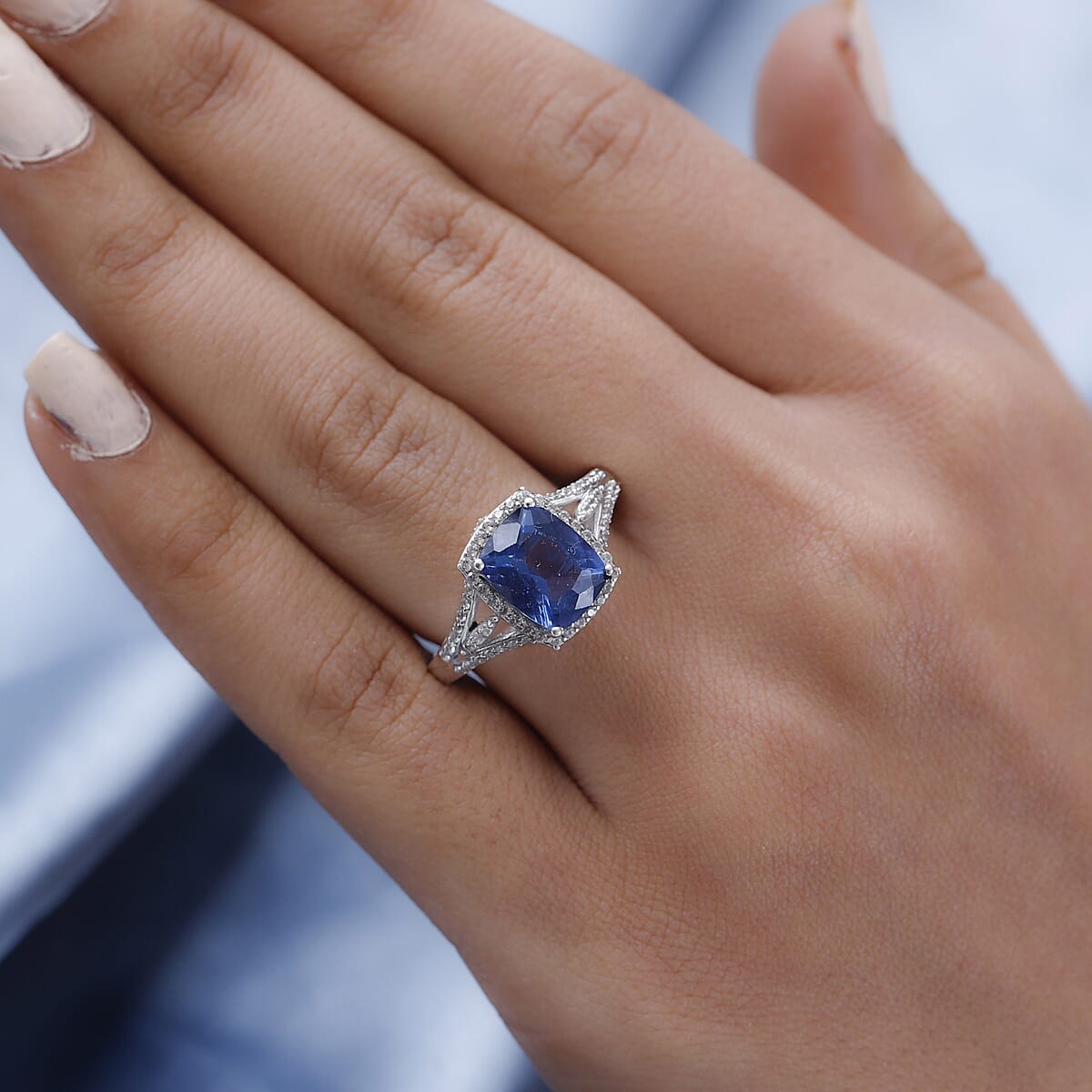 Color Change Fluorite and Natural White Zircon Ring in Platinum Over Sterling Silver 4.10 ctw image number 2