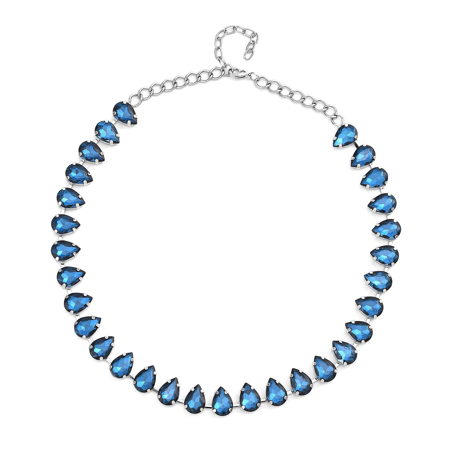 Blue Glass Tennis Necklace 20-22 Inches in Silvertone