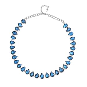 Blue Glass Tennis Necklace 20-22 Inches in Silvertone