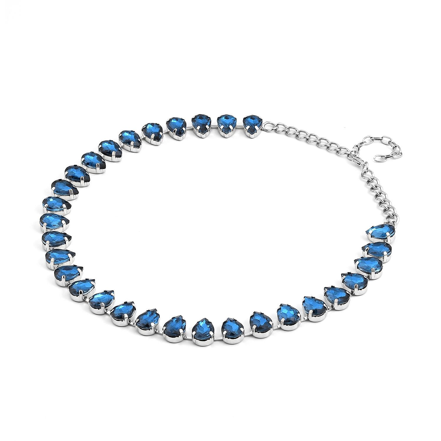 Blue Glass Tennis Necklace 20-22 Inches in Silvertone