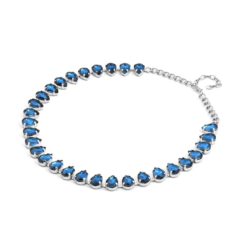 Blue Glass Tennis Necklace 20-22 Inches in Silvertone