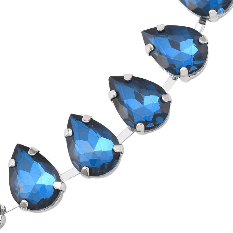 Blue Glass Tennis Necklace 20-22 Inches in Silvertone