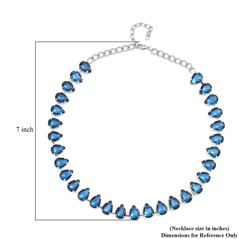 Blue Glass Tennis Necklace 20-22 Inches in Silvertone
