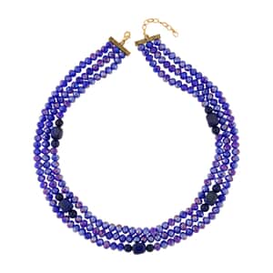 Lapis Lazuli and Blue Glass Beaded Multi Strand Necklace 20-22 Inches in Goldtone 15.00 ctw