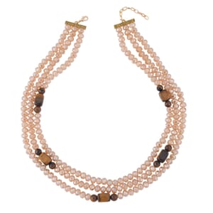 Yellow Tiger's Eye and Champagne Glass Beaded Multi Strand Necklace 20-22 Inches in Goldtone 15.00 ctw