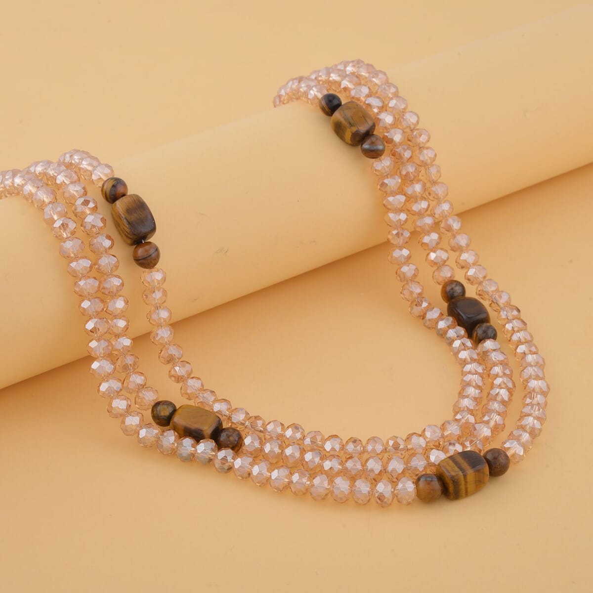 Yellow Tiger's Eye and Champagne Glass Beaded Multi Strand Necklace 20-22 Inches in Goldtone 15.00 ctw image number 1