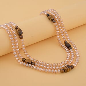 Yellow Tiger's Eye and Champagne Glass Beaded Multi Strand Necklace 20-22 Inches in Goldtone 15.00 ctw