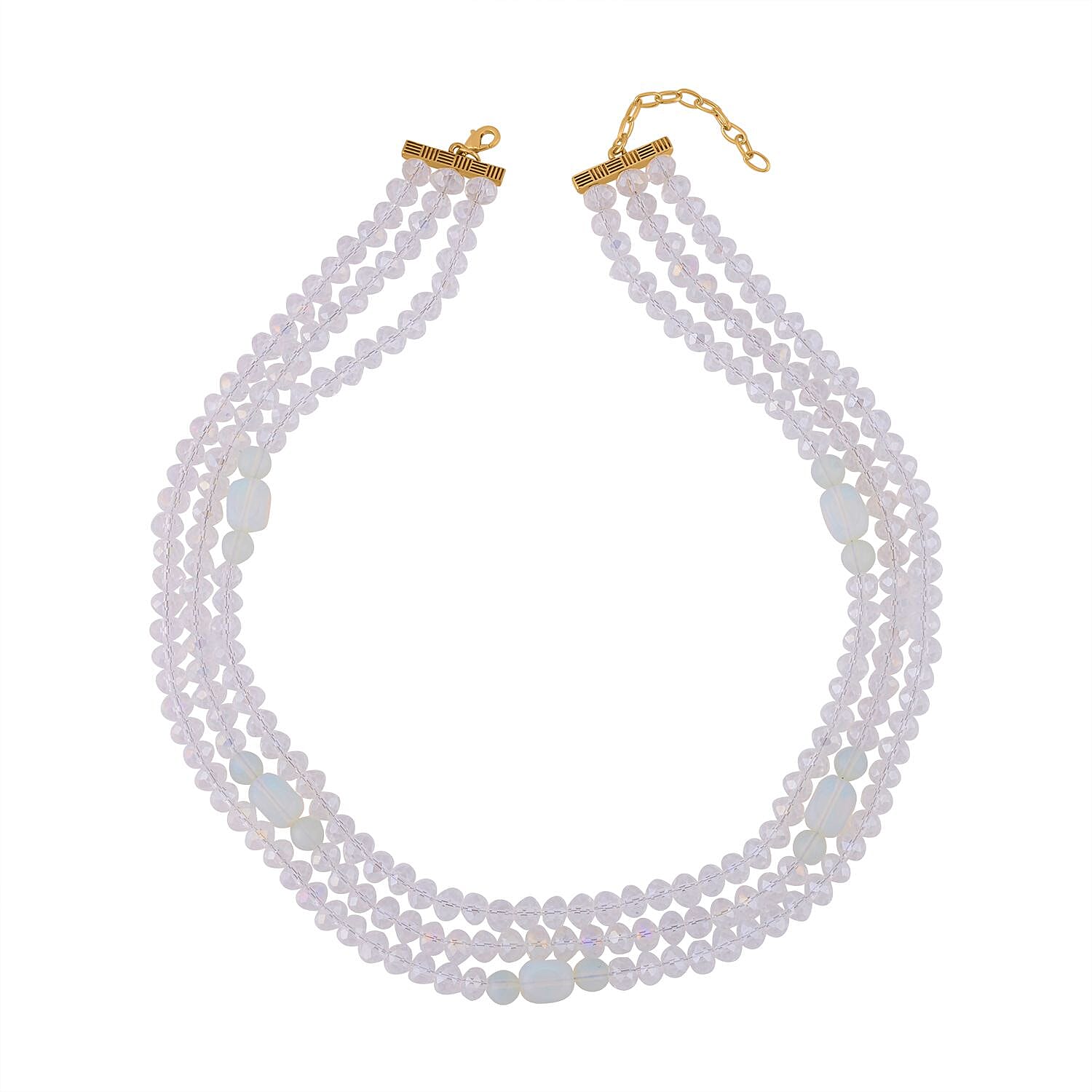 Opalite and White Glass Beaded Multi Strand Necklace 20-22 Inches in Goldtone 15.00 ctw