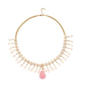 Galilea Rose Quartz and Pink Glass Beaded Necklace 20-22 Inches in Goldtone 30.00 ctw