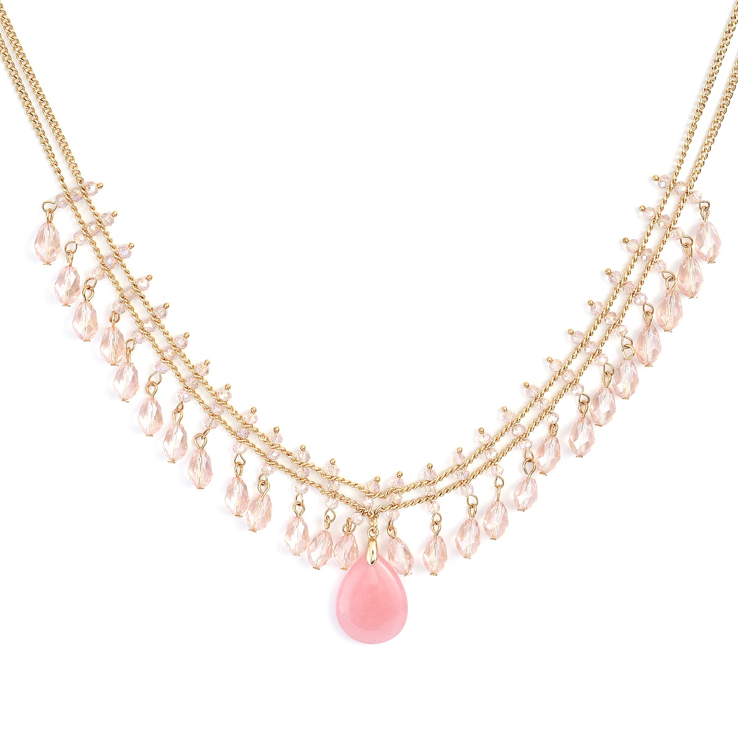 Galilea Rose Quartz and Pink Glass Beaded Necklace 20-22 Inches in Goldtone 30.00 ctw