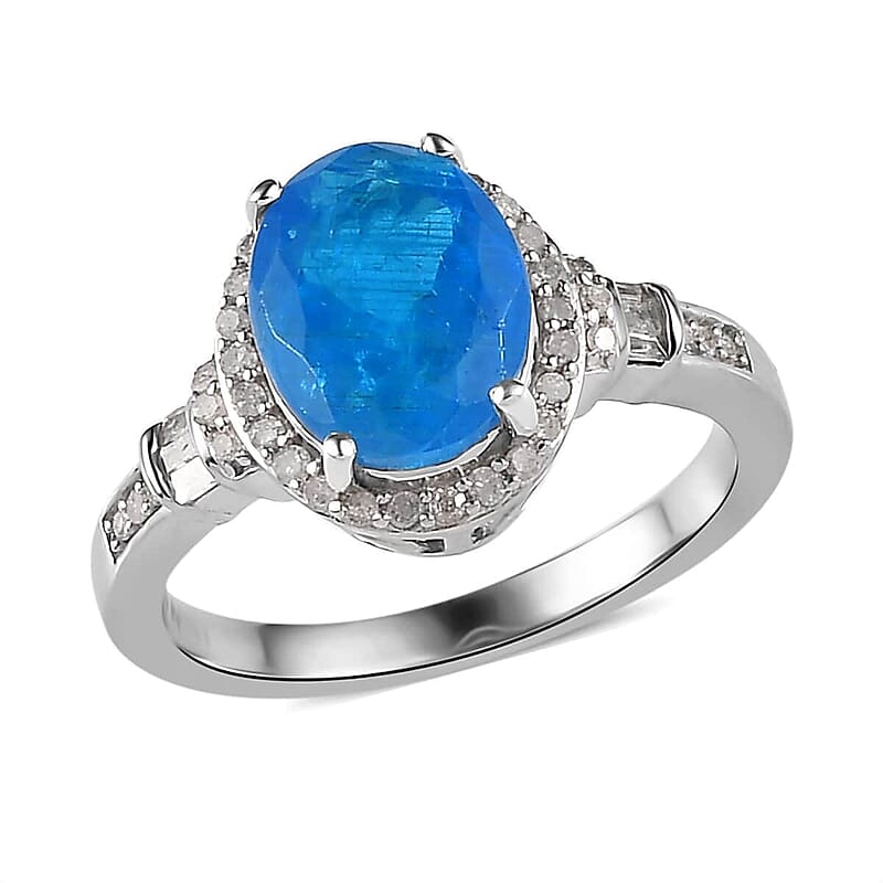 Malgache Neon Apatite and Diamond Ring in Platinum Over Sterling Silver (Size 10.0) 2.80 ctw