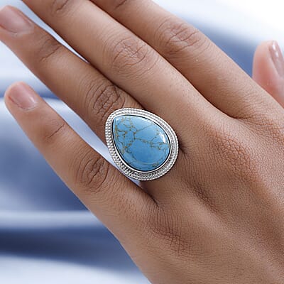 Mojave Blue Turquoise Solitaire Ring in Platinum Over Copper with Magnet (Size 10.0) 16.35 ctw