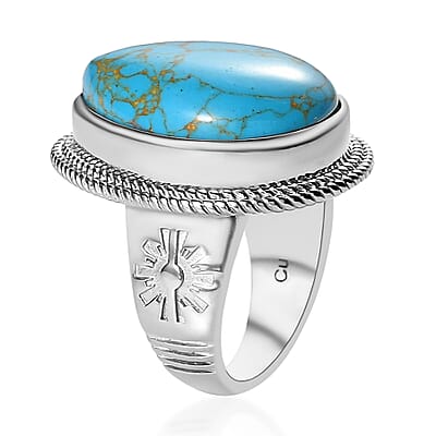 Mojave Blue Turquoise Solitaire Ring in Platinum Over Copper with Magnet (Size 10.0) 16.35 ctw