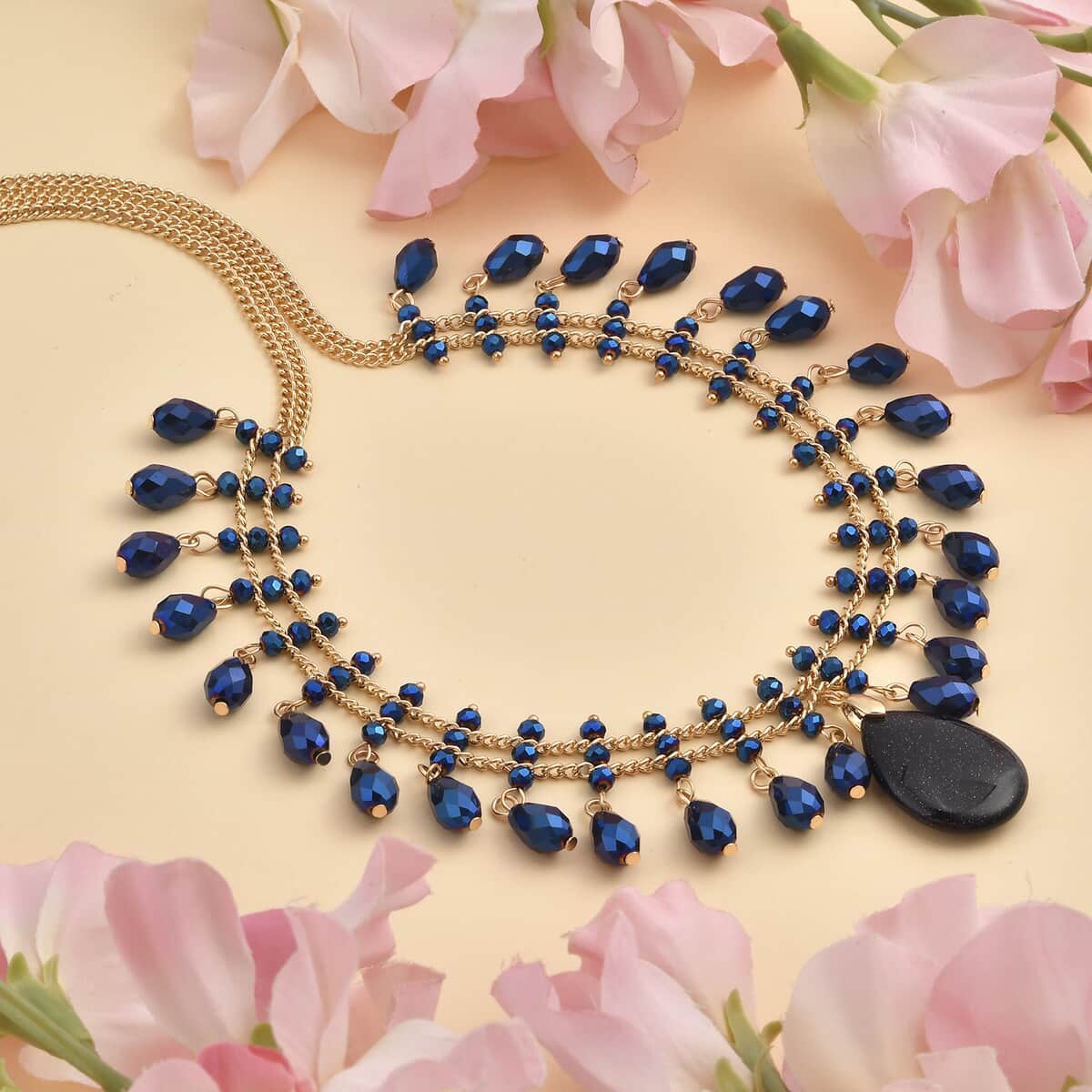 Blue Sandstone and Blue Glass Beaded Necklace 20-22 Inches in Goldtone 30.00 ctw image number 1