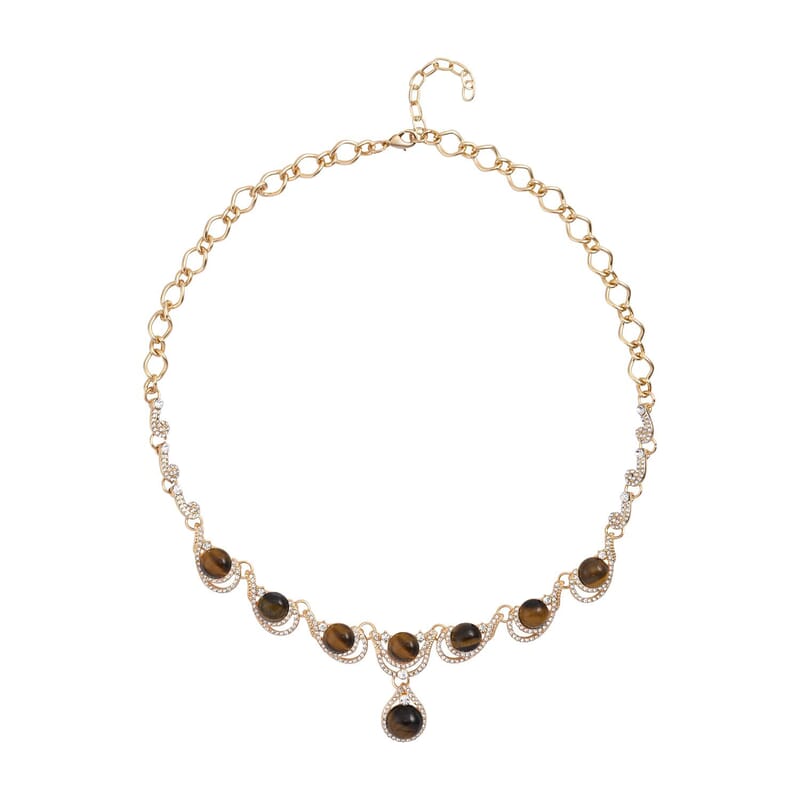 Yellow Tiger's Eye and Austrian Crystal Necklace 20-22 Inches in Goldtone 30.00 ctw