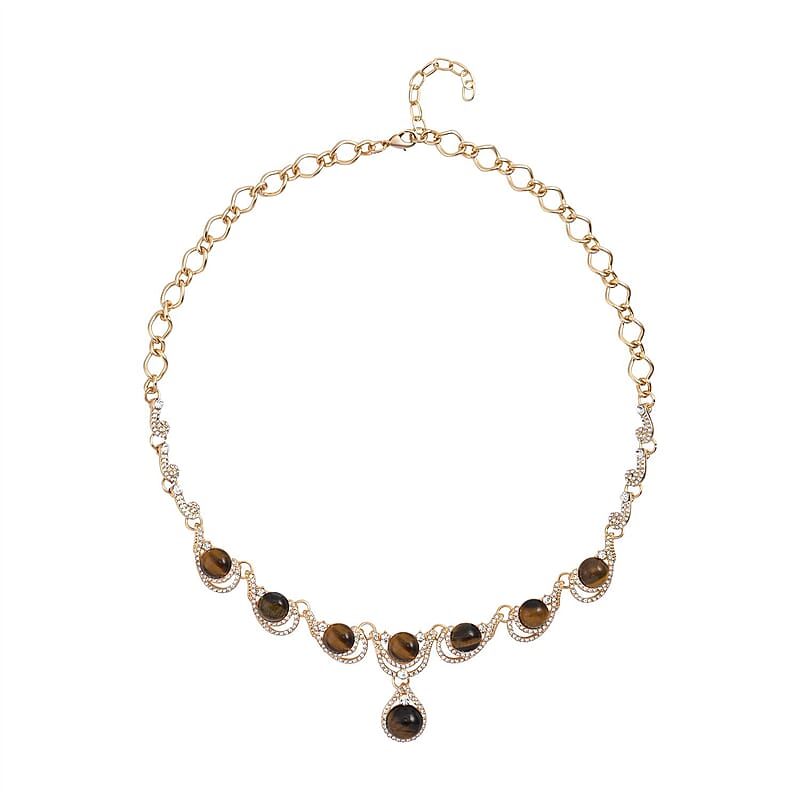 Yellow Tiger's Eye and Austrian Crystal Necklace 20-22 Inches in Goldtone 30.00 ctw