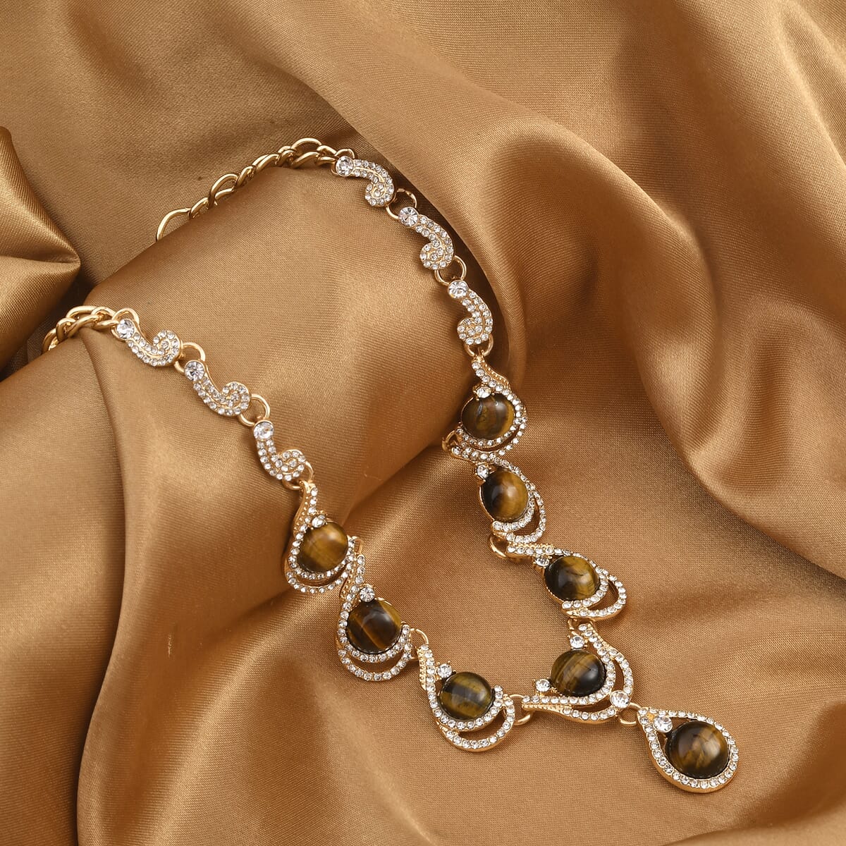 Yellow Tiger's Eye and Austrian Crystal Necklace 20-22 Inches in Goldtone 30.00 ctw image number 1