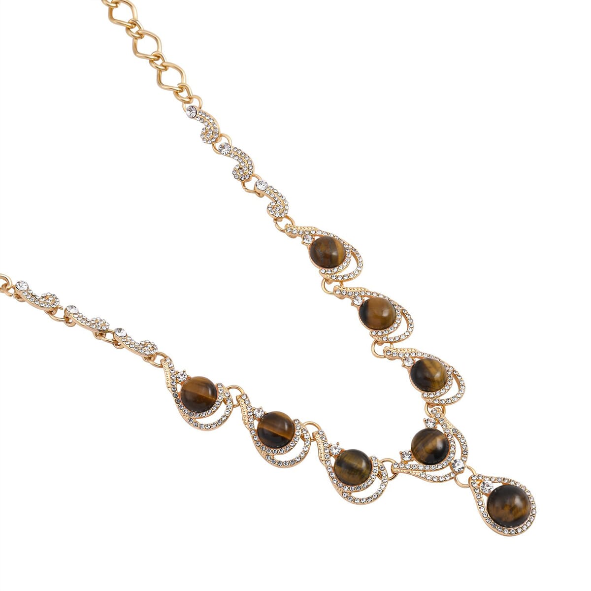 Yellow Tiger's Eye and Austrian Crystal Necklace 20-22 Inches in Goldtone 30.00 ctw image number 2