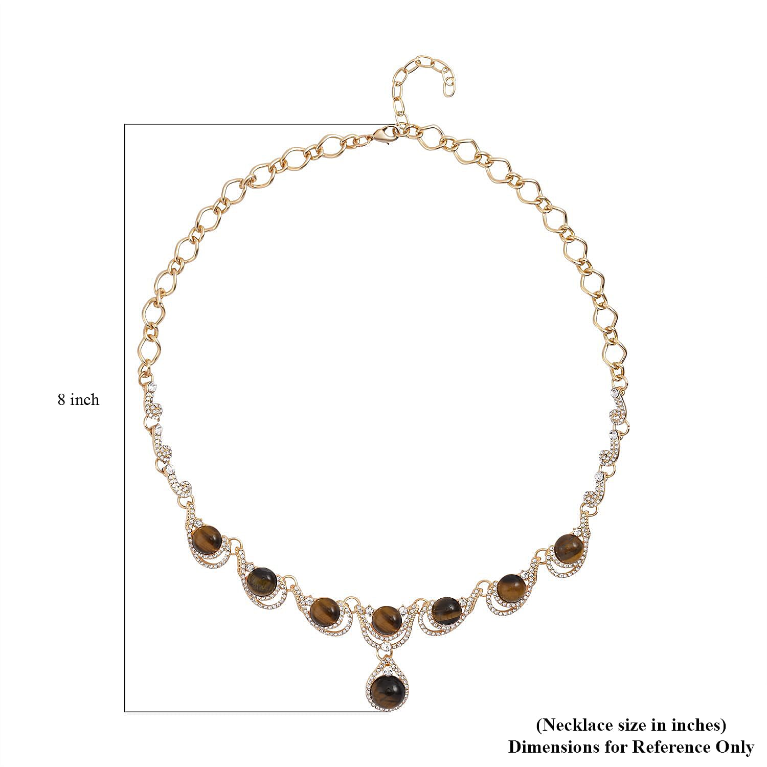 Yellow Tiger's Eye and Austrian Crystal Necklace 20-22 Inches in Goldtone 30.00 ctw